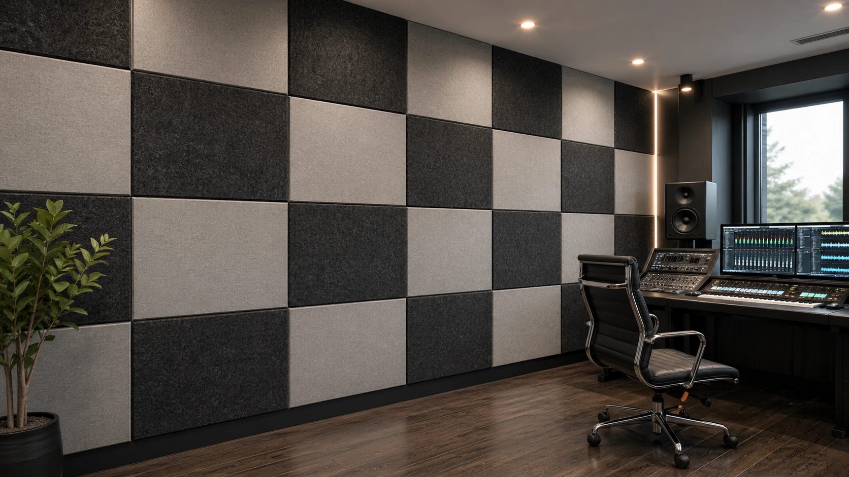 Estudio con pared de paneles PET en damero gris claro y antracita (render)
