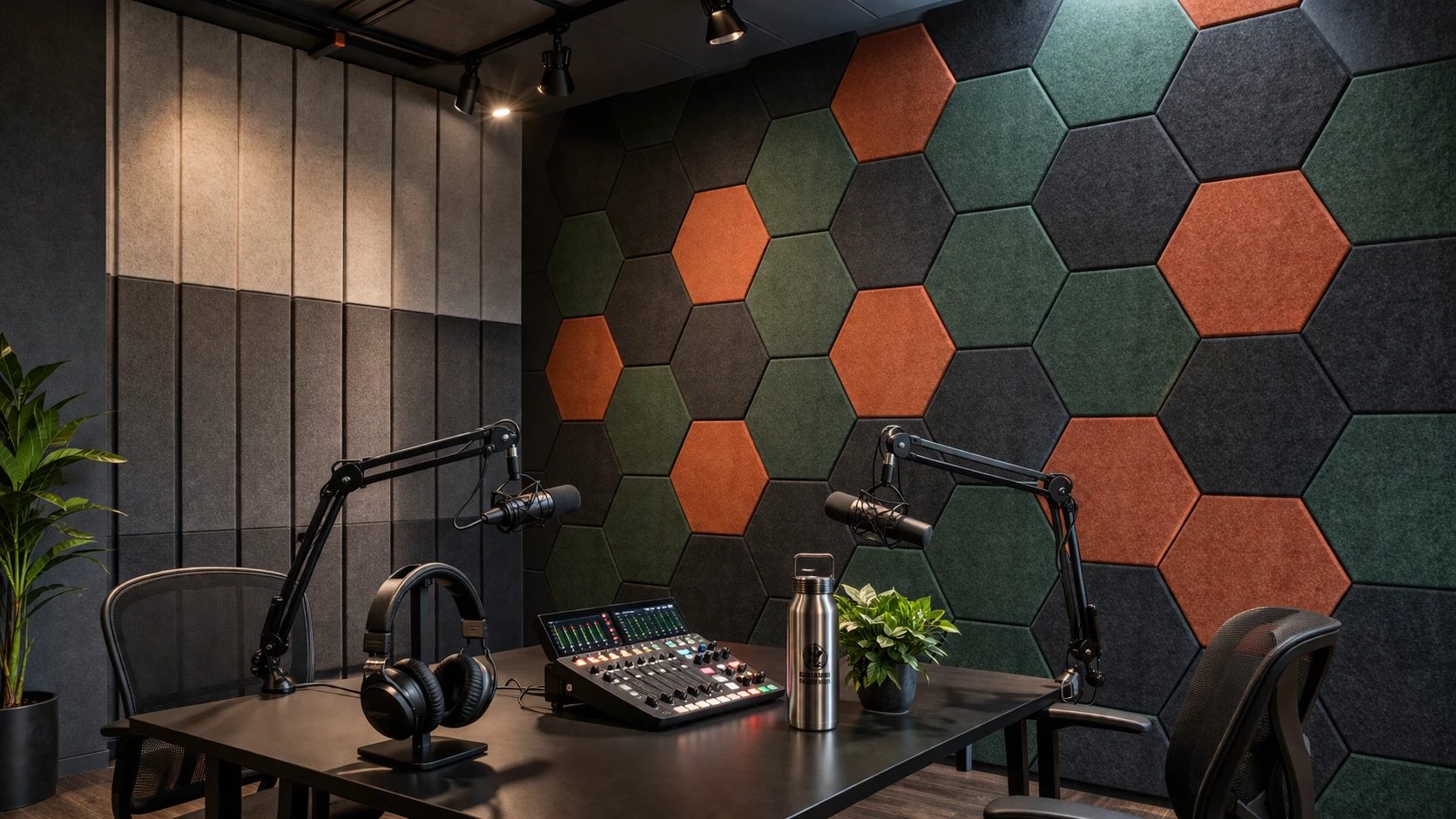 Estudio de podcast con pared de hex&aacute;gonos ac&uacute;sticos de PET en verde, naranja y gris