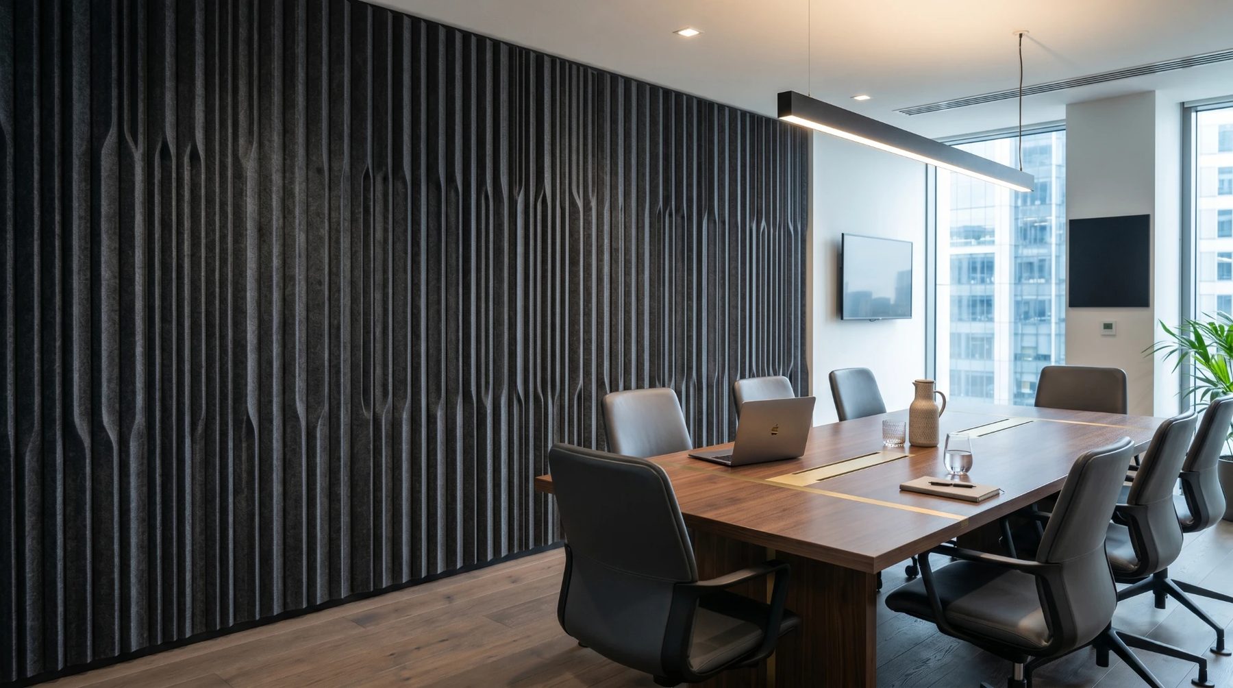 Sala de reuniones con pared de PET negro en relieve vertical (render)
