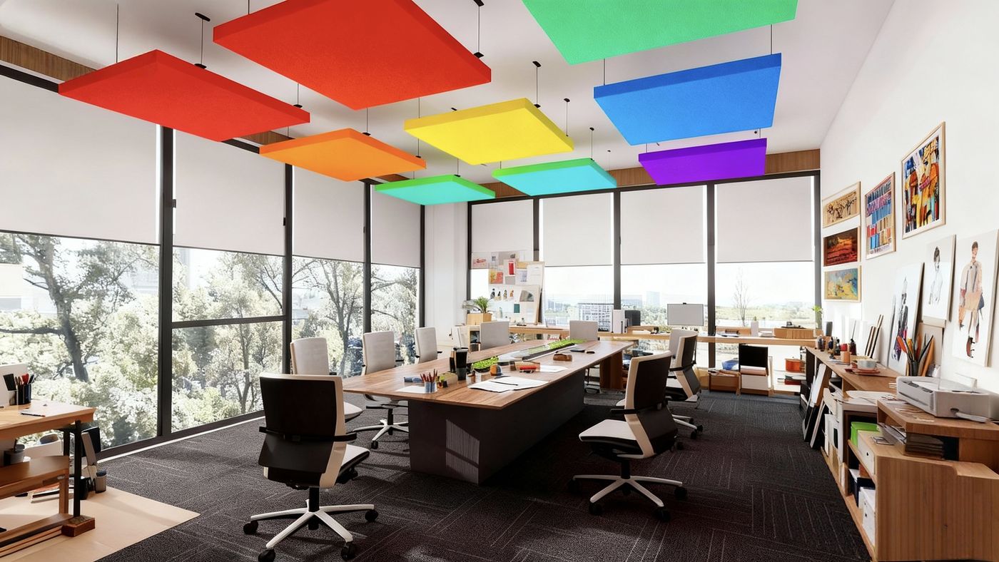 Islas ac&uacute;sticas de colores suspendidas sobre una oficina (render)